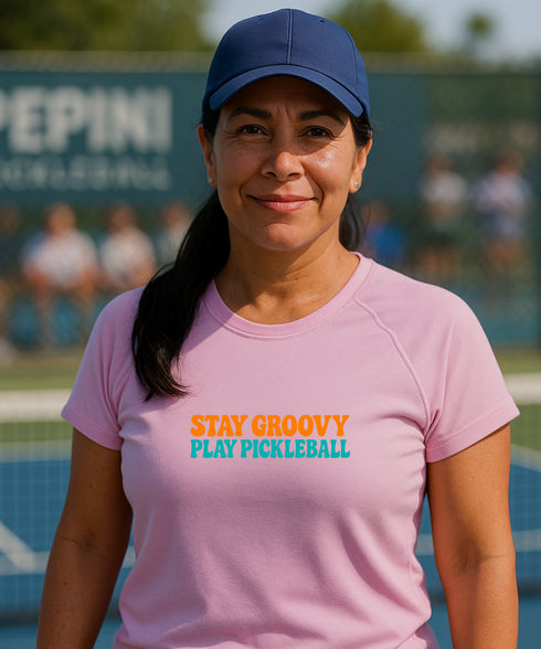 Stay Groovy Play Pickleball | Short Sleeve Performance Tee by Pepini Pickleball β white Pickleball T-Shirt front view